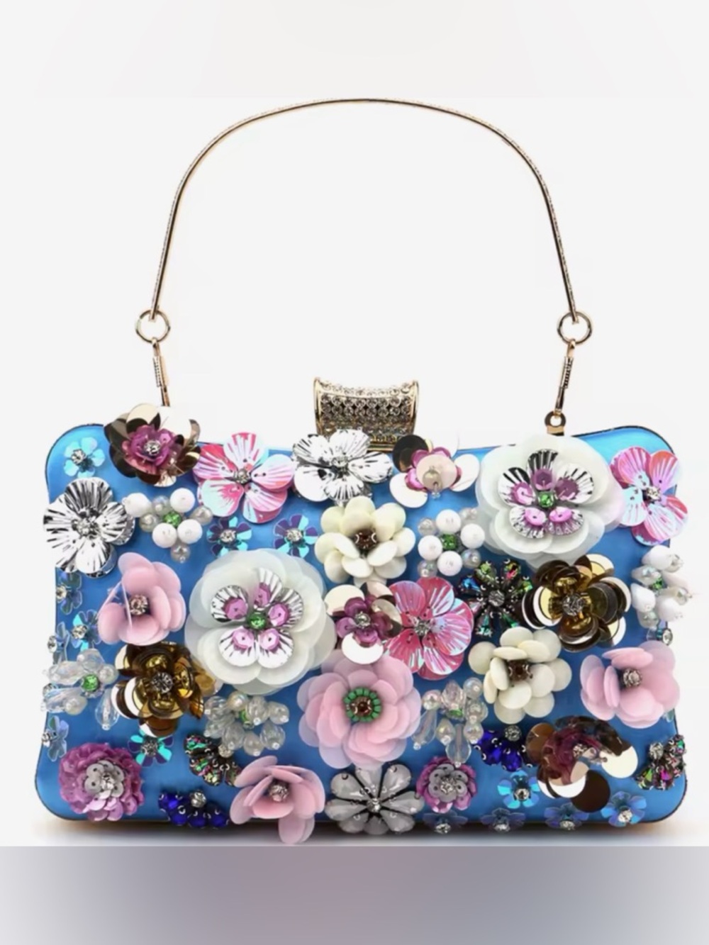 Nu Shuz Key West Turquoise Blue Multi Floral Appliqué Gold chain Evening Clutch